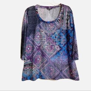 Kiara Stretchy Top Tunic Scarf Multi Color Print Embellished Rhinestones. XXL